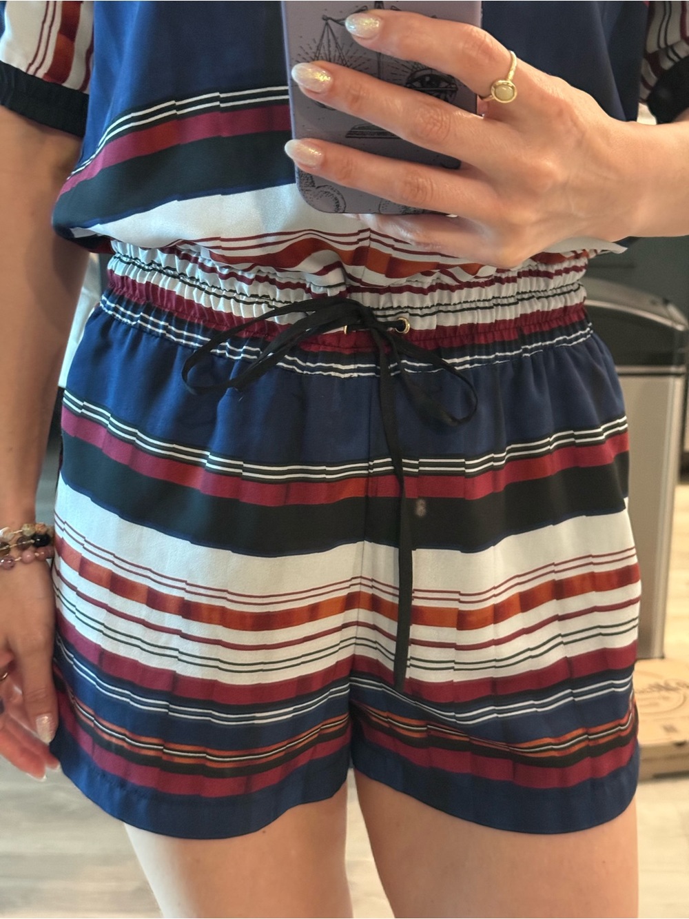 Guess Striped Short Sleeve Romper in Navy, White & Burgundy - Picture 7 of 7